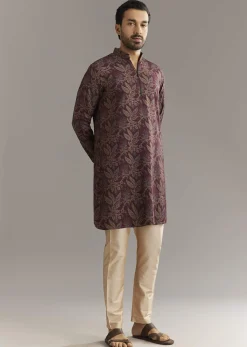 Wine Pashmina Silk Kurta Set With Vine Print Motifs
