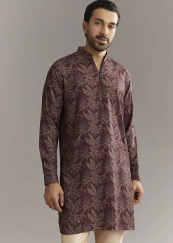 Wine Pashmina Silk Kurta Set With Vine Print Motifs