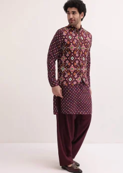 Wine Patola Printed Kurta Jacket Set For Men