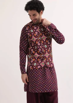 Wine Patola Printed Kurta Jacket Set For Men