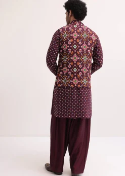 Wine Patola Printed Kurta Jacket Set For Men