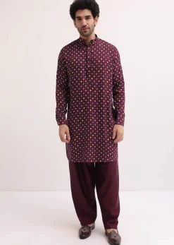 Wine Patola Printed Kurta Jacket Set For Men
