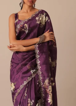 Wine Printed Tussar Silk Saree With Unstitched Blouse Piece