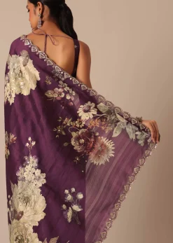 Wine Printed Tussar Silk Saree With Unstitched Blouse Piece