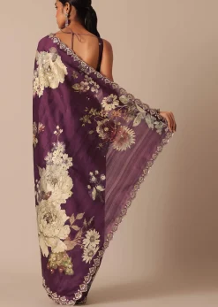 Wine Printed Tussar Silk Saree With Unstitched Blouse Piece