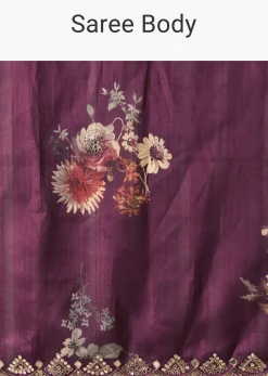 Wine Printed Tussar Silk Saree With Unstitched Blouse Piece
