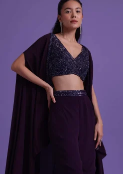 Wine Purple Cut Dana Embroidered Sharara And Blouse Set With Shrug in Satin