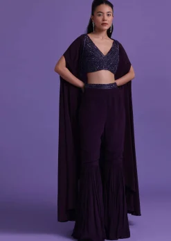 Wine Purple Cut Dana Embroidered Sharara And Blouse Set With Shrug in Satin