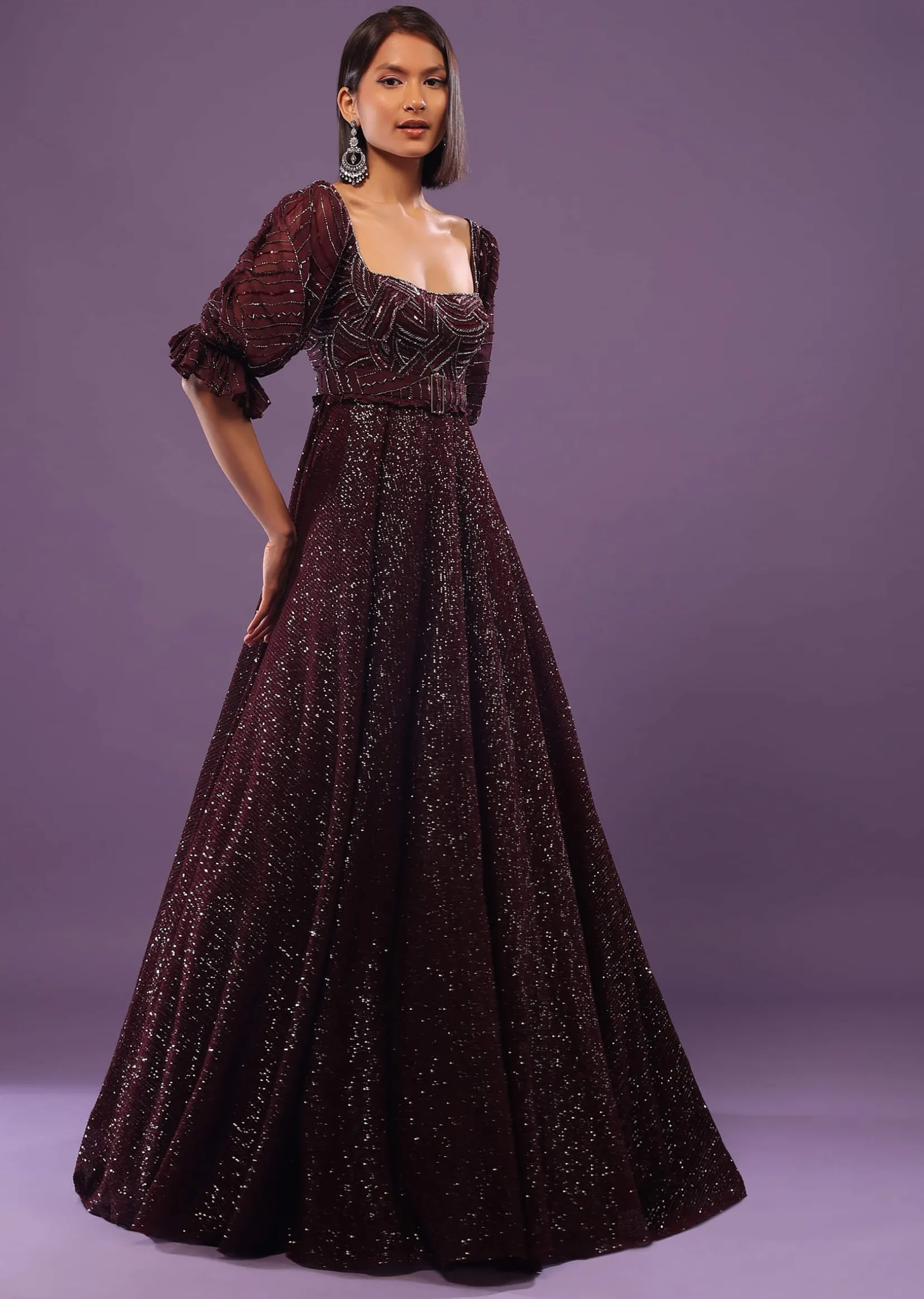 Wine Purple Embroidered Gown In Sequins