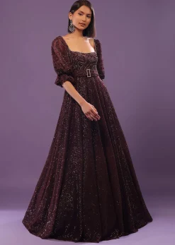 Wine Purple Embroidered Gown In Sequins