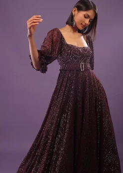 Wine Purple Embroidered Gown In Sequins