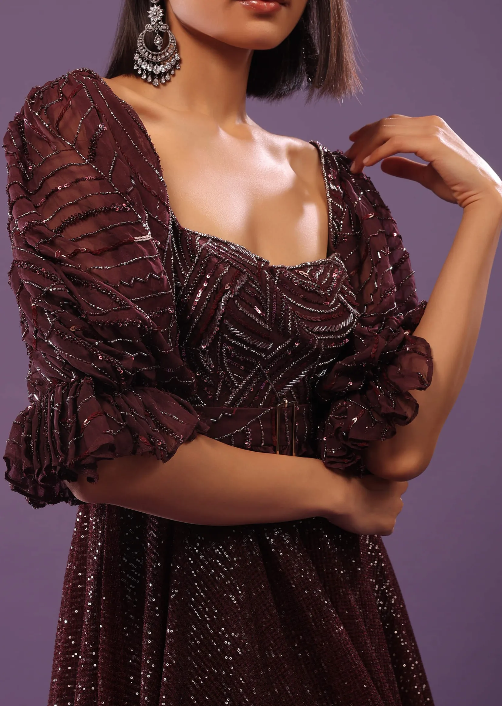 Wine Purple Embroidered Gown In Sequins