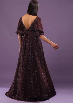 Wine Purple Embroidered Gown In Sequins