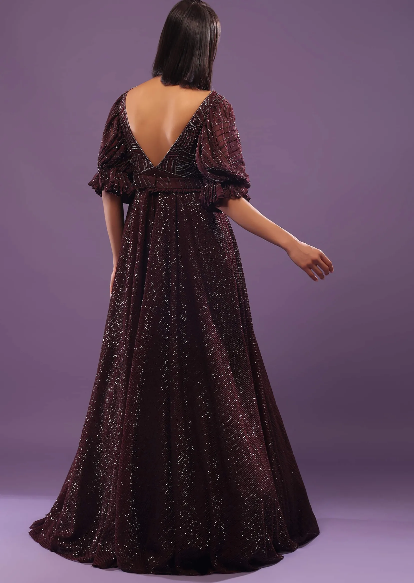 Wine Purple Embroidered Gown In Sequins