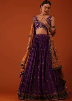 Wine Purple Embroidered Lehenga And Blouse Set In Satin