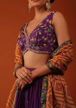 Wine Purple Embroidered Lehenga And Blouse Set In Satin