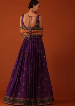 Wine Purple Embroidered Lehenga And Blouse Set In Satin