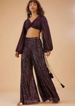 Wine Purple Palazzo And Crop-Top Set