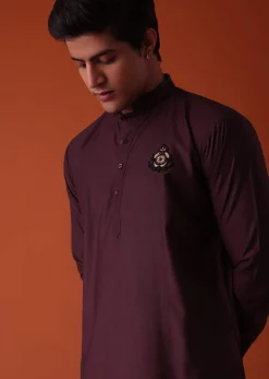 Wine Purple Pathani Kurta Set In Terry Rayon With Threadwork