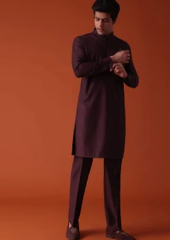 Wine Purple Pathani Kurta Set In Terry Rayon With Threadwork