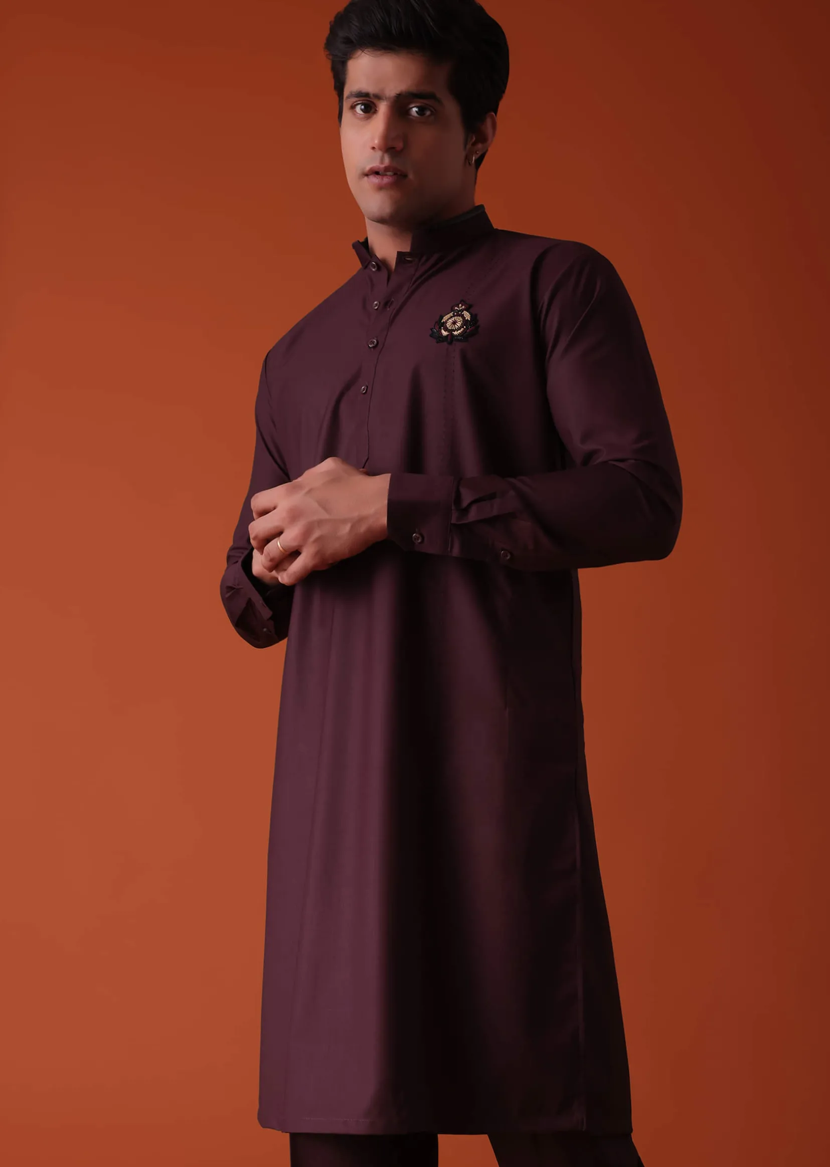 Wine Purple Pathani Kurta Set In Terry Rayon With Threadwork