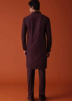 Wine Purple Pathani Kurta Set In Terry Rayon With Threadwork