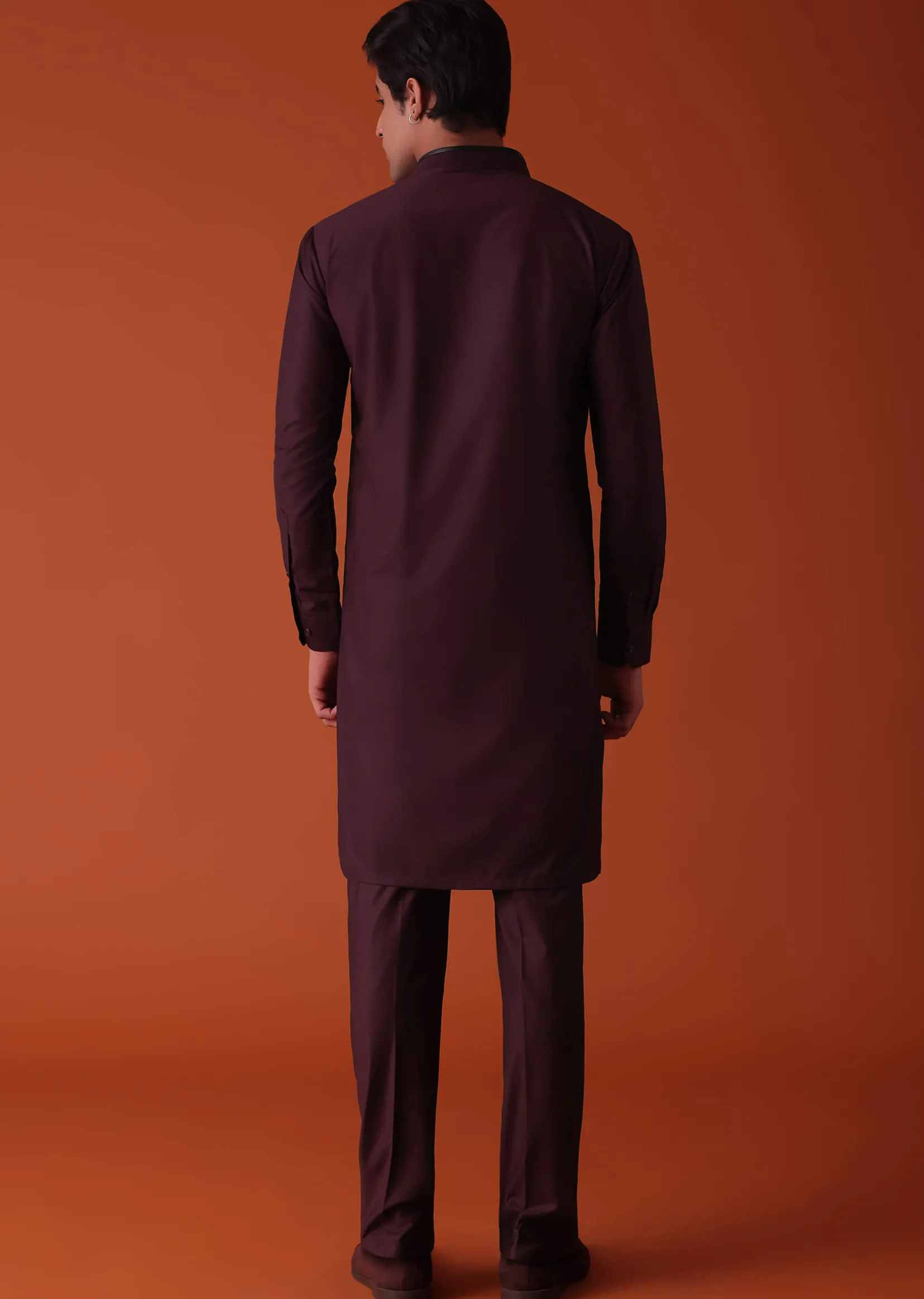 Wine Purple Pathani Kurta Set In Terry Rayon With Threadwork