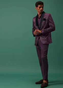 Wine Purple Pleated Tuxedo Set In Shimmer