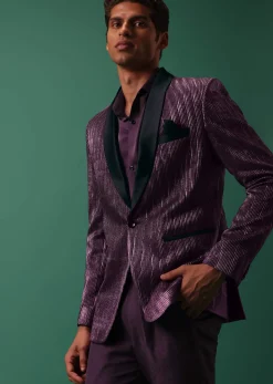 Wine Purple Pleated Tuxedo Set In Shimmer