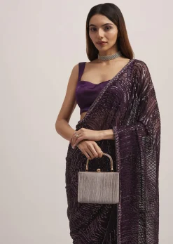 Wine Purple Sequins Saree With An Embellished Border