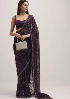 Wine Purple Sequins Saree With An Embellished Border