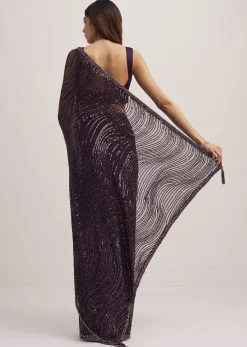 Wine Purple Sequins Saree With An Embellished Border