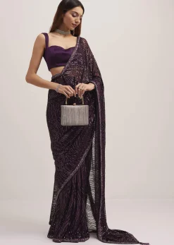 Wine Purple Sequins Saree With An Embellished Border