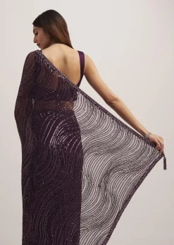 Wine Purple Sequins Saree With An Embellished Border