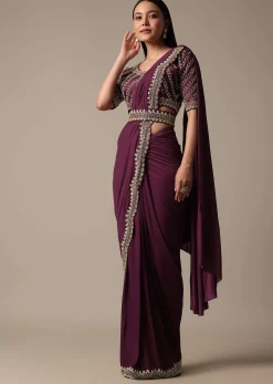 Wine Readymade Saree With Embellished Blouse