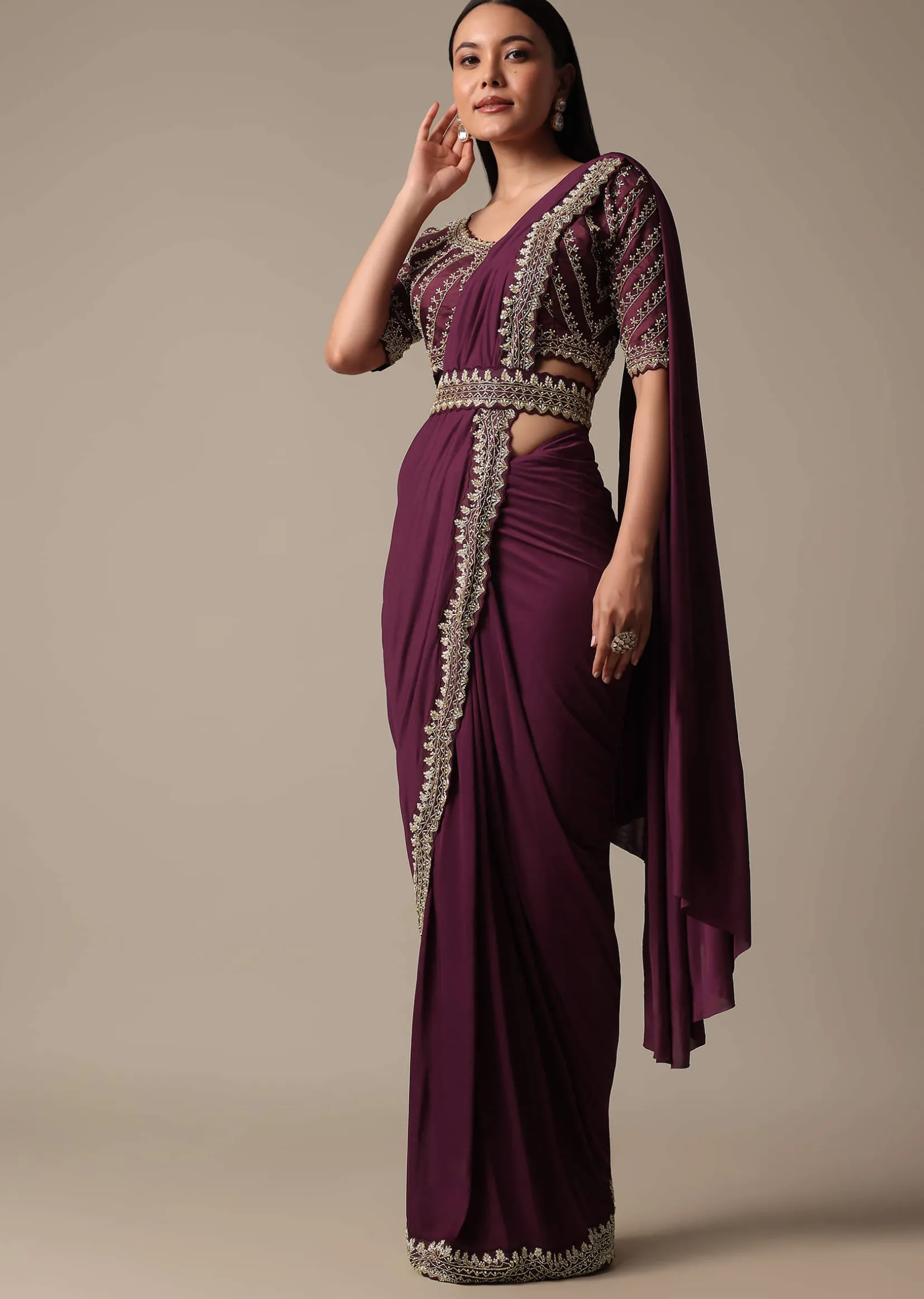 Wine Readymade Saree With Embellished Blouse