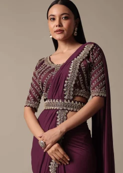 Wine Readymade Saree With Embellished Blouse