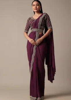 Wine Readymade Saree With Embellished Blouse