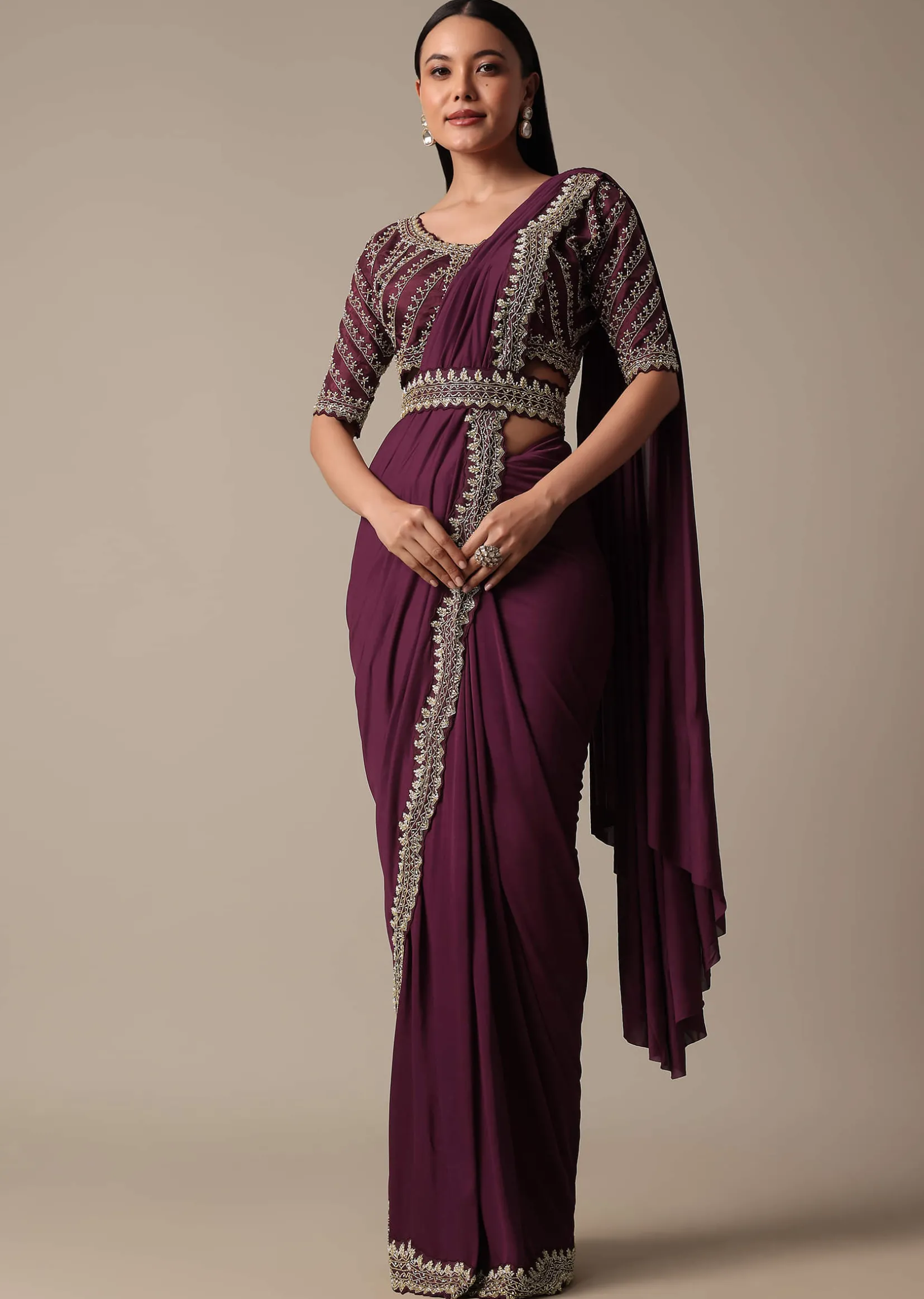 Wine Readymade Saree With Embellished Blouse