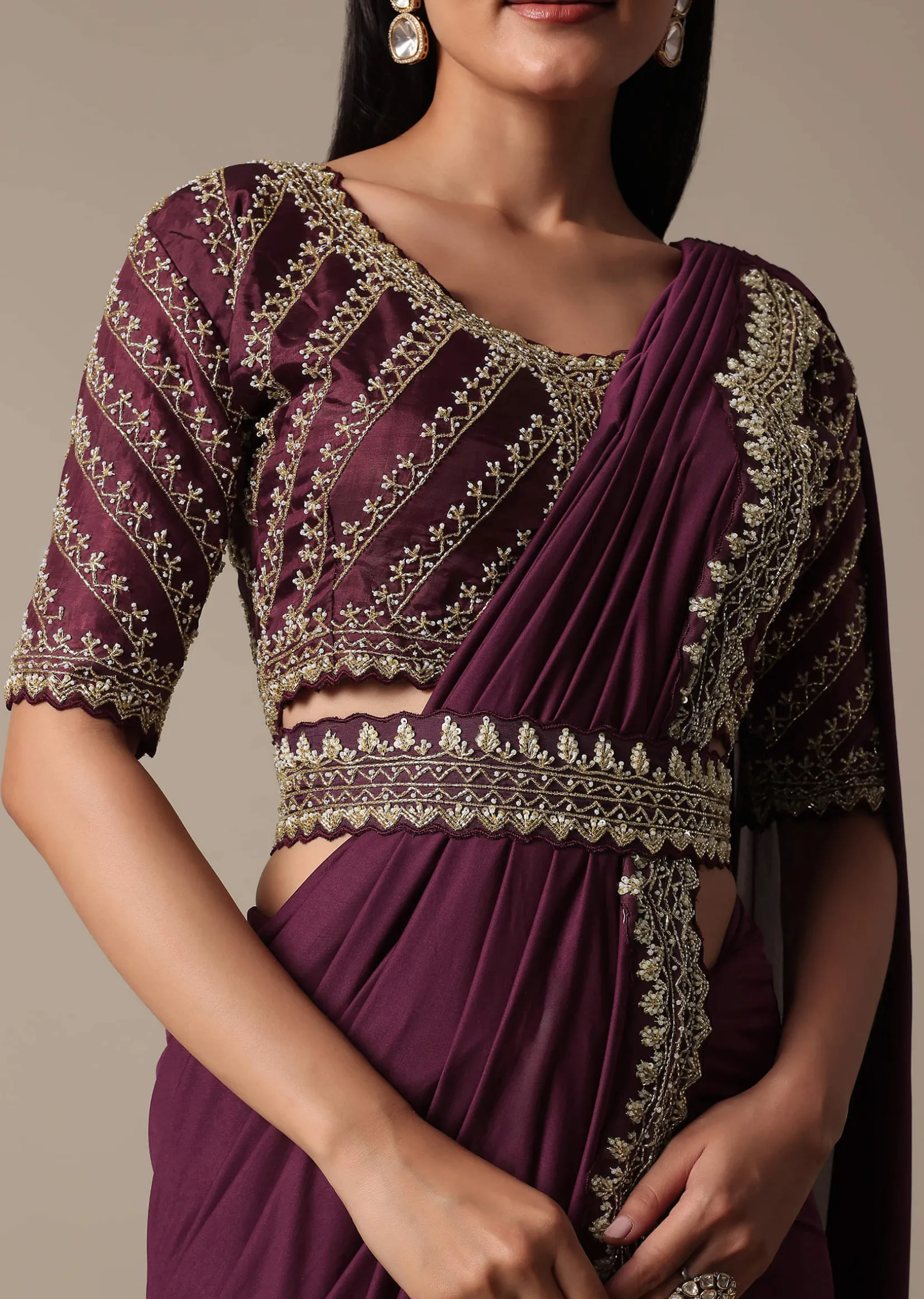 Wine Readymade Saree With Embellished Blouse