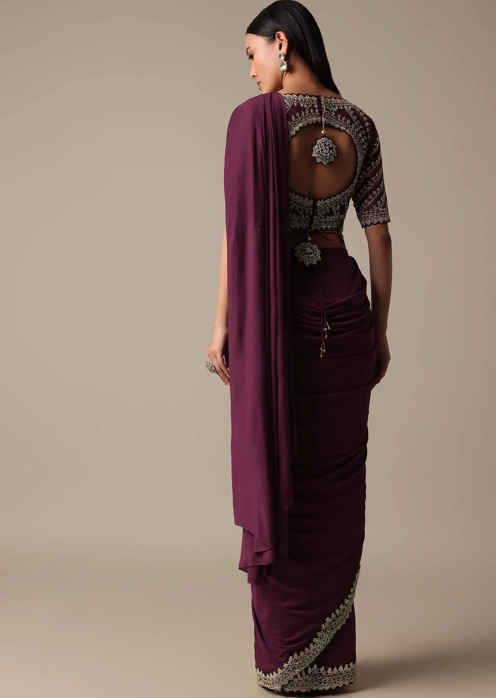 Wine Readymade Saree With Embellished Blouse