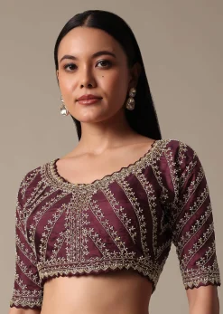Wine Readymade Saree With Embellished Blouse
