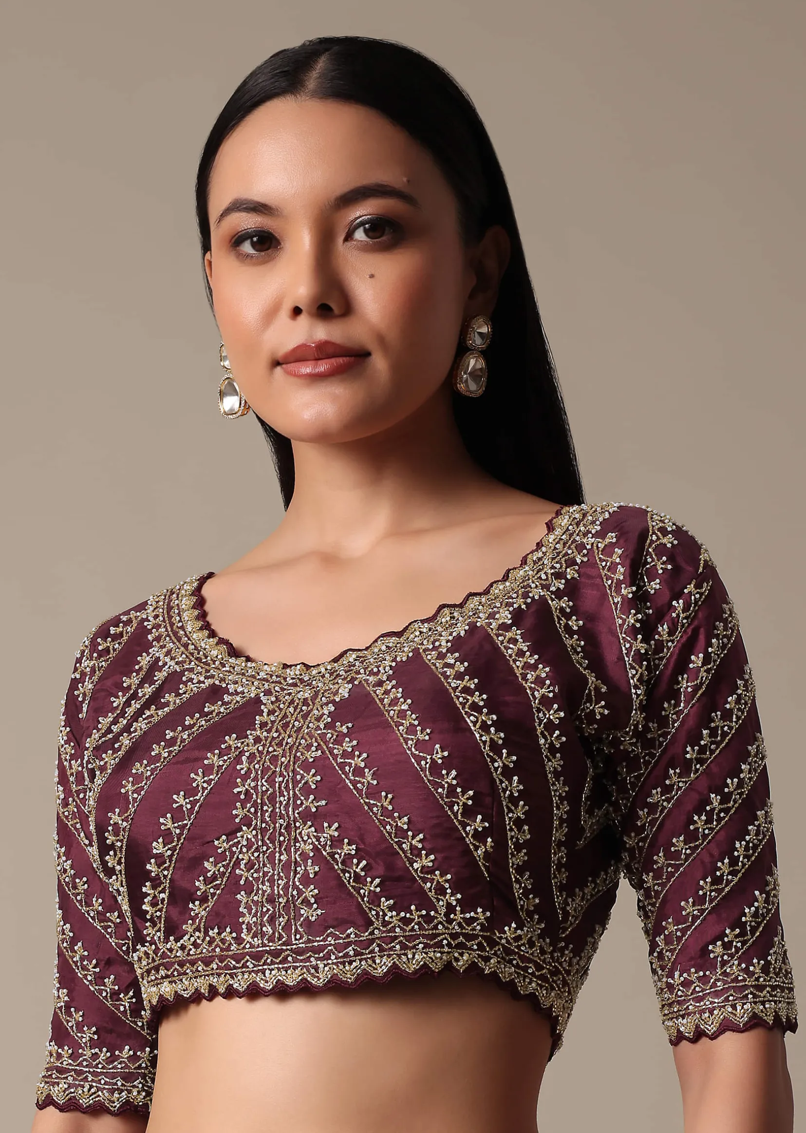 Wine Readymade Saree With Embellished Blouse