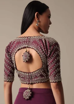 Wine Readymade Saree With Embellished Blouse