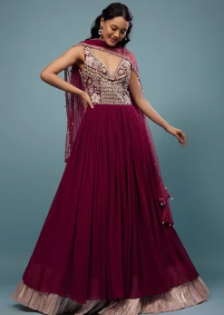 Wine Red Embroidered Anarkali Suit In Viscose Georgette