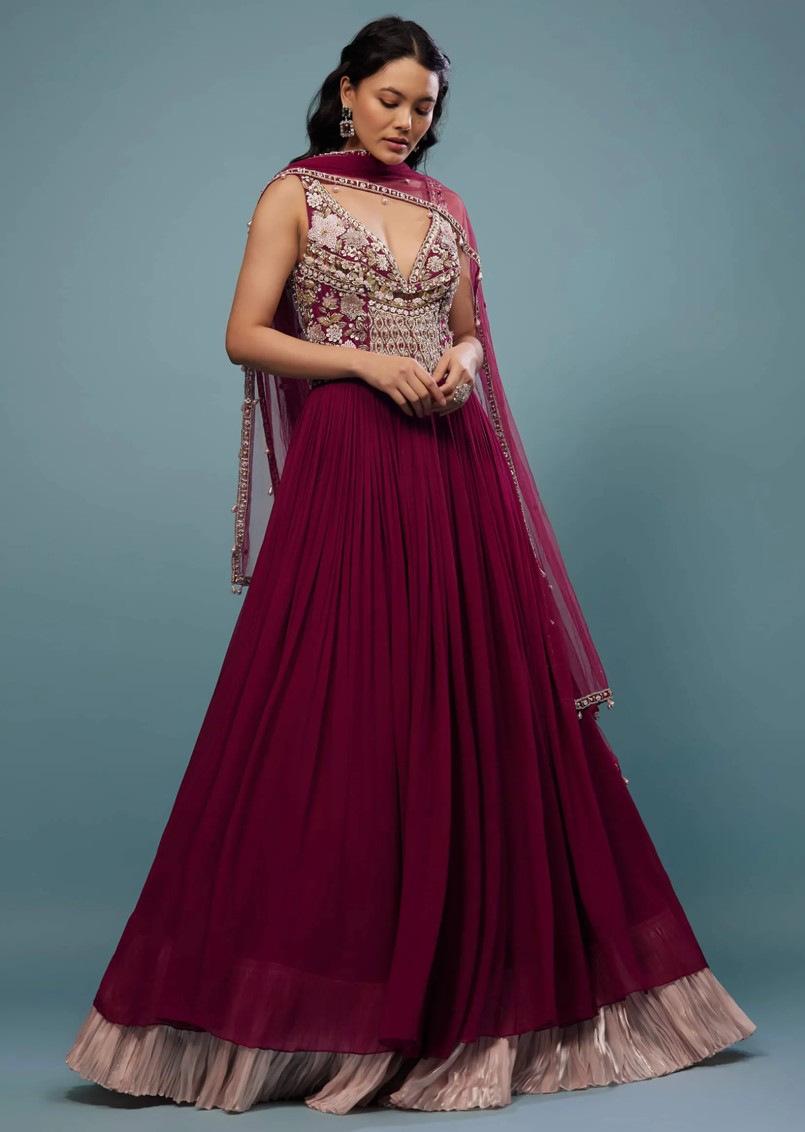 Wine Red Embroidered Anarkali Suit In Viscose Georgette