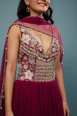 Wine Red Embroidered Anarkali Suit In Viscose Georgette