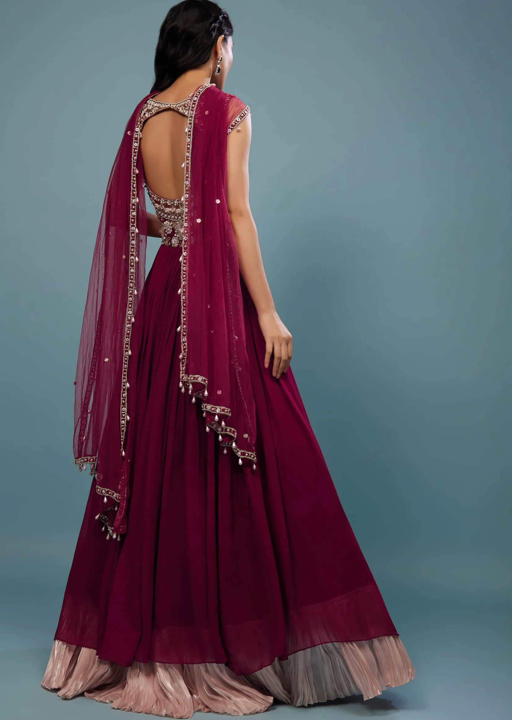 Wine Red Embroidered Anarkali Suit In Viscose Georgette