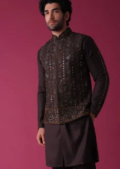 Wine Red Jacket Kurta Set In Silk With Heavy Threadwork And Abla