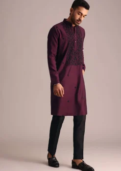 Wine Resham Work Kurta Set